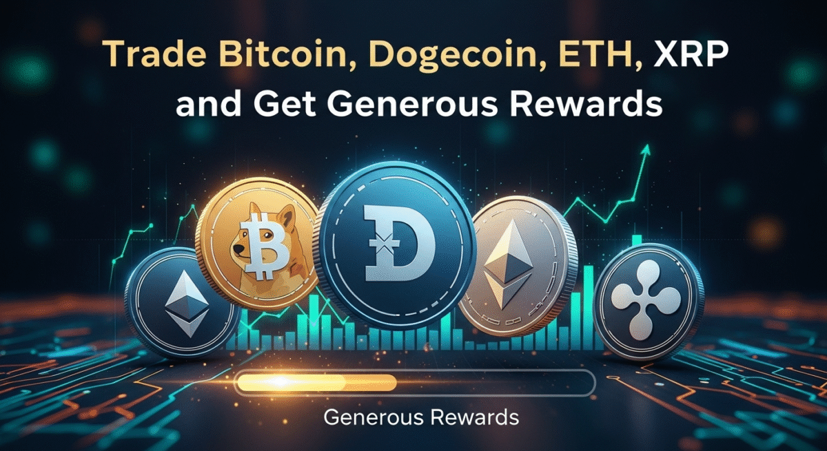 Bitcoin, Dogecoin, Ethereum, and XRP coins displayed with digital trading charts