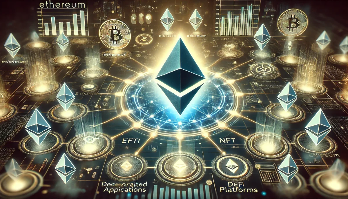 Illustration of Ethereum blockchain network and DeFi connections.