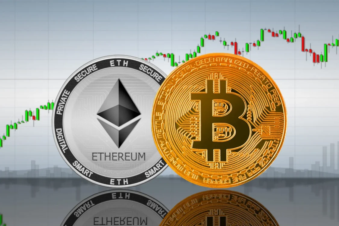 Bitcoin and Ethereum price growth chart showing crypto market trends in 2025. 