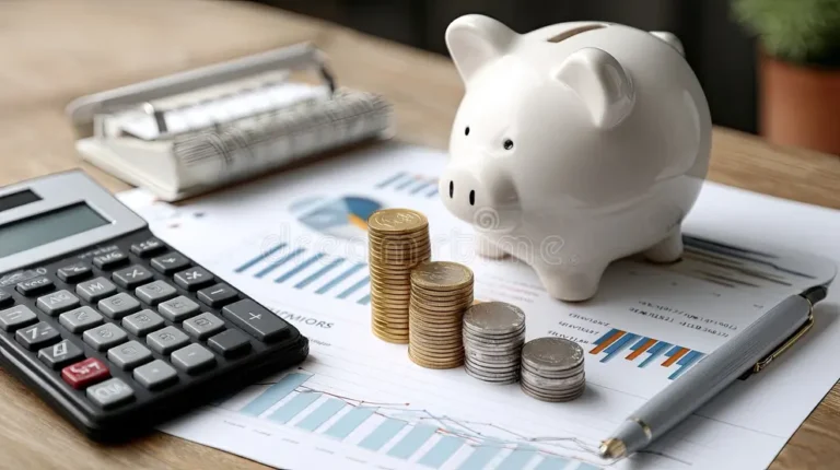 piggy-bank-calculator-placed-financial-charts-coins-stacked-illustrating-importance-budgeting-personal-savings-381404564