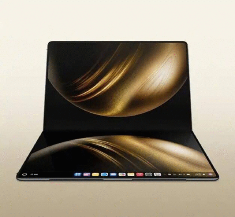 Figure 1_ Huawei MateBook Fold Ultimate—laptop mode with folded OLED display